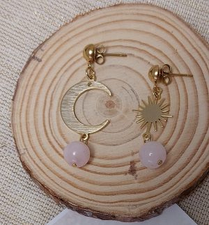 boucles d 'oreilles lune et soleil acier inoxydable doré quartz rose boucles d 'oreilles lune et soleil acier inoxydable doré quartz rose