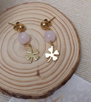 boucles d 'oreilles trèfle acier inoxydable doré quartz rose