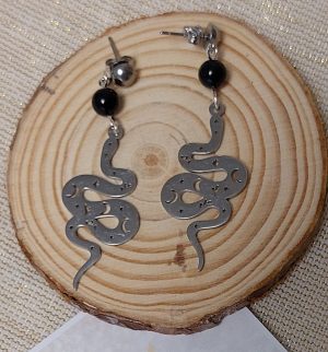 boucles d 'oreilles serpent et pierre onyx- acier inoxydable
