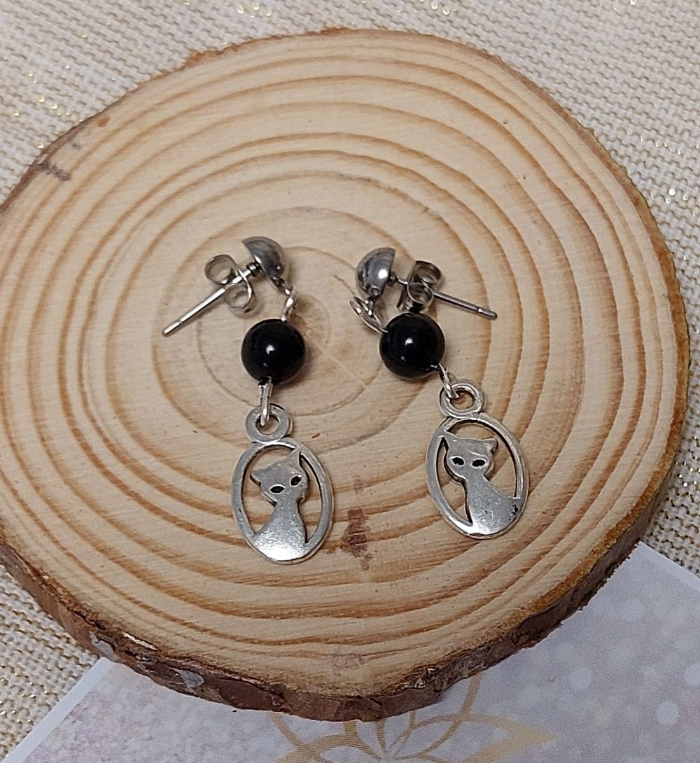 boucles d'oreilles chat et pierre en onyx