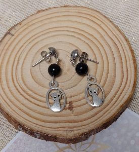 boucles d'oreilles chat et pierre en onyx