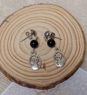 boucles d'oreilles chat et pierre en onyx