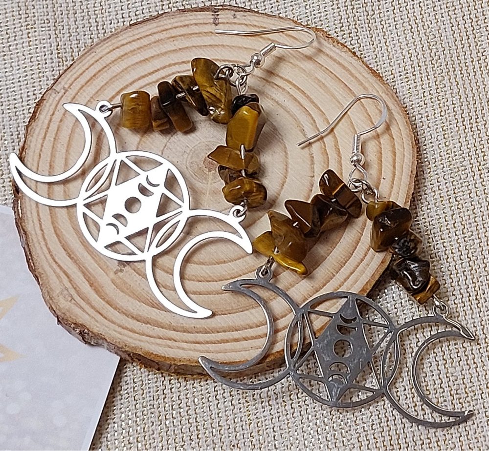 boucles d 'oreilles phase lunaire et œil de tigre
