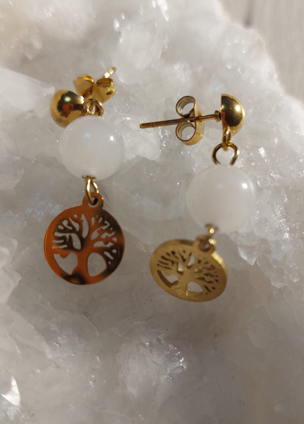 boucles d'oreilles quartz rose et arbre de vie