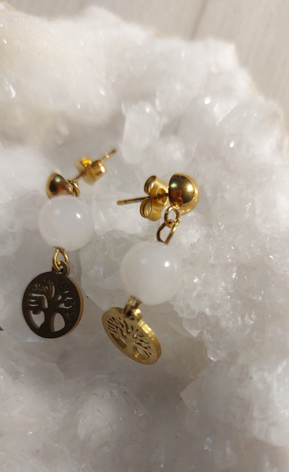 boucles d'oreilles arbre de vie et quartz rose