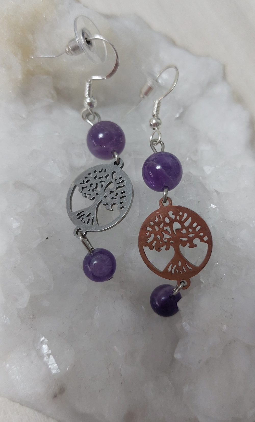 boucles d 'oreilles arbre de vie acier inoxydable doré améthyste