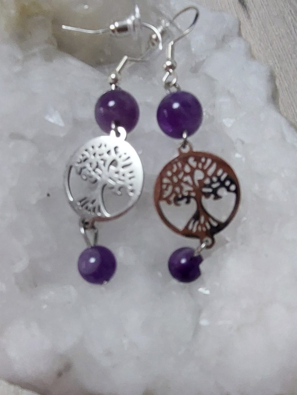 boucles d 'oreilles arbre de vie acier inoxydable doré améthyste