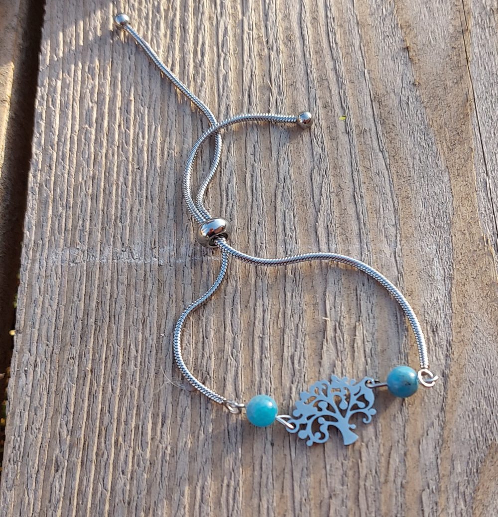 bracelet bijou fait main acier inoxydable arbre de vie apatite