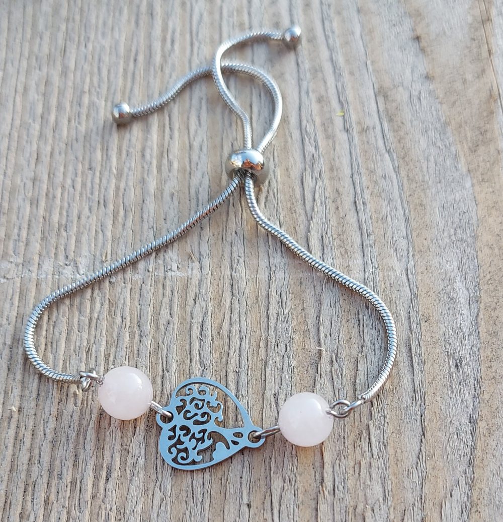 bracelet bijou fait main acier inoxydable arbre de vie quartz rose