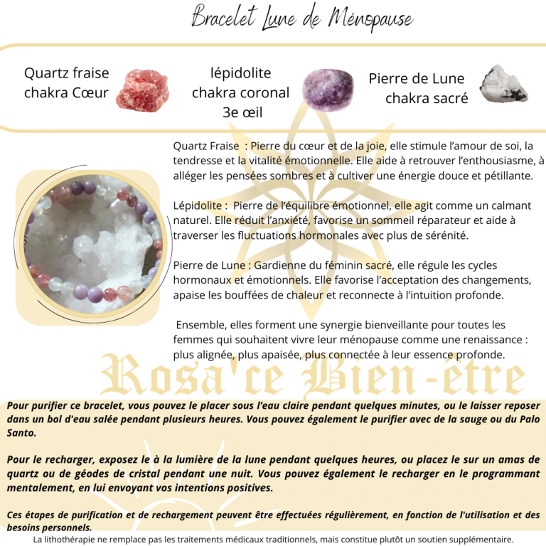 bracelet lune de ménopause - Synergie des pierres – Quartz Fraise, Pierre de Lune, Lépidolite