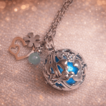 Bola de grossesse en acier argenté au design ajouré, sublimé par une pierre bleue lumineuse. Son tintement doux favorise la détente et le bien-être pendant la grossesse. Accompagné de charms délicats (trèfle, cœur ou perle), ce bijou symbolise la protection, la sérénité et l’harmonie. Idéal comme cadeau de grossesse ou bijou de maternité.