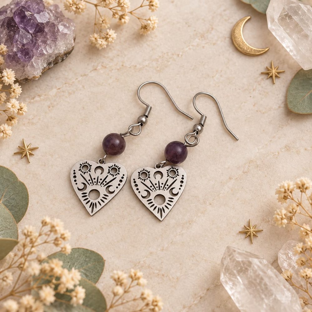 Boucles d’oreilles célestes sur marbre beige Boucles d’oreilles mystiques en pierres naturelles – Collection 1 Bijoux de Sorcière