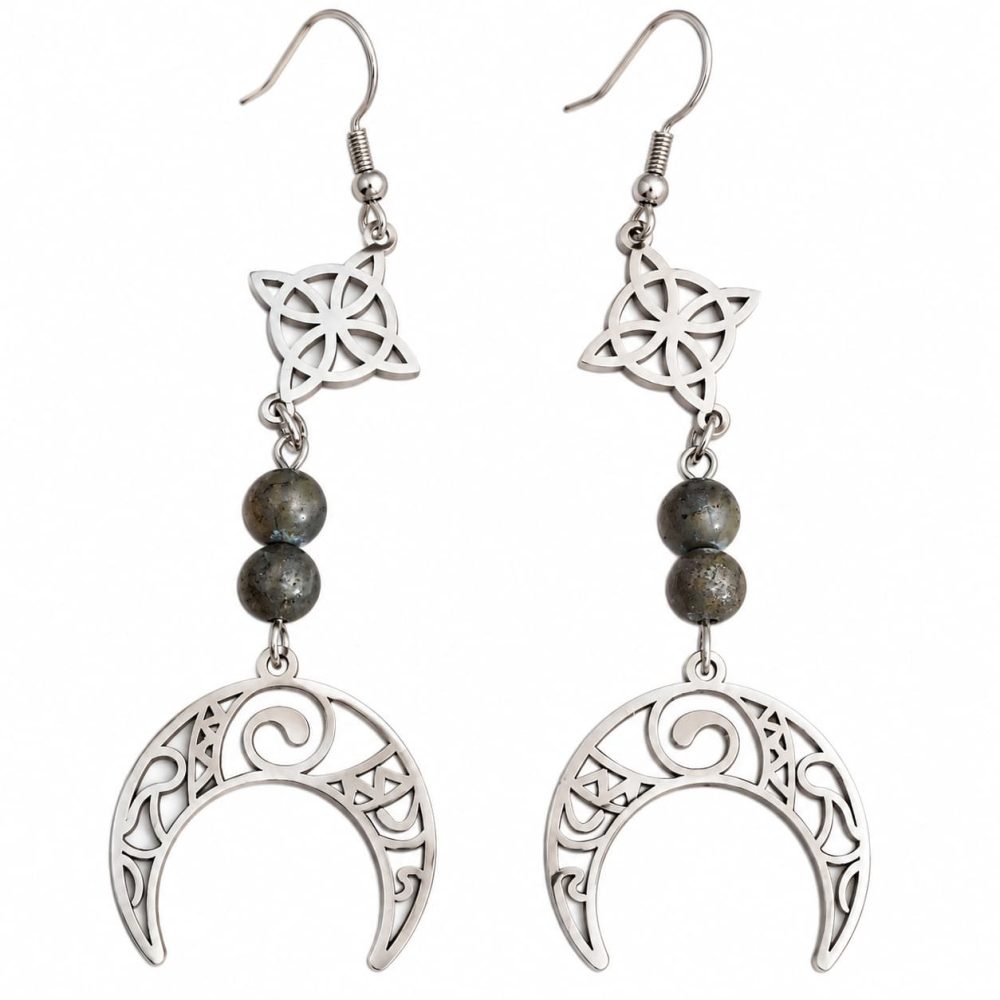 Boucles d’oreilles celtiques en argent et pierres gris-vert Boucles d’oreilles mystiques en pierres naturelles – Collection 3 Bijoux de Sorcière - grand format