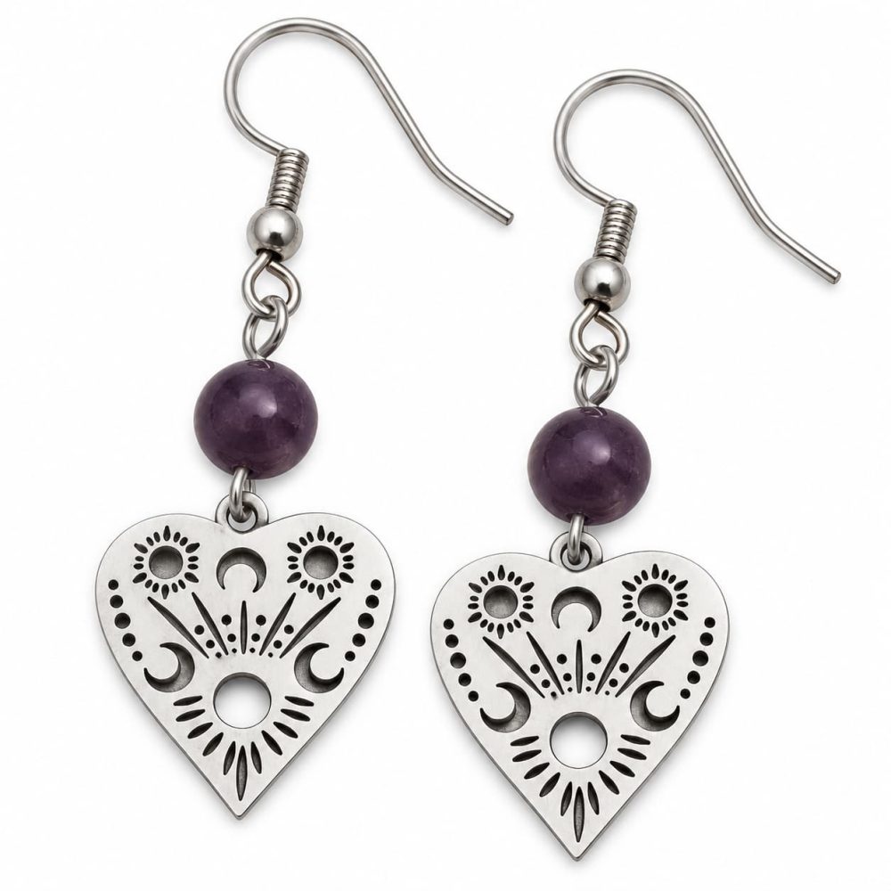 Boucles d’oreilles cœur céleste et améthyste Boucles d’oreilles mystiques en pierres naturelles – Collection 1 Bijoux de Sorcière