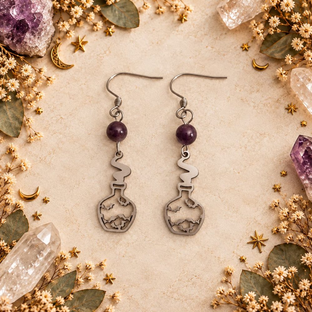 Boucles d’oreilles potion et améthyste Boucles d’oreilles mystiques en pierres naturelles – Collection 1 Bijoux de Sorcière