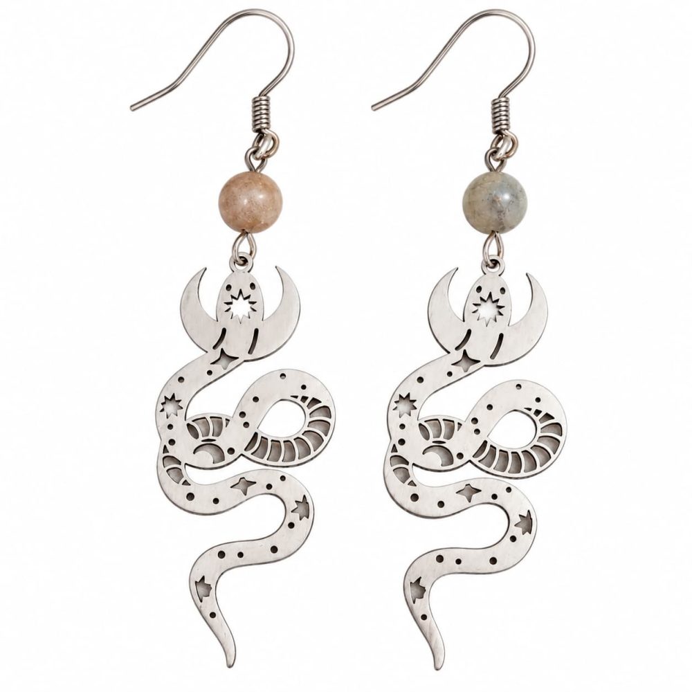 Boucles d’oreilles serpent et lune en métal Boucles d’oreilles mystiques en pierres naturelles – Collection 3 Bijoux de Sorcière - grand format