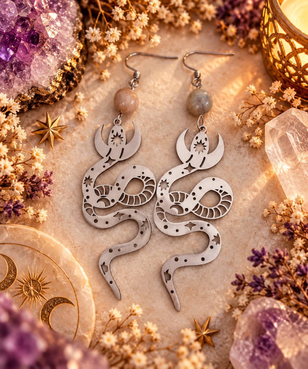 Boucles d’oreilles serpents mystiques et cristaux Boucles d’oreilles mystiques en pierres naturelles – Collection 3 Bijoux de Sorcière - grand format